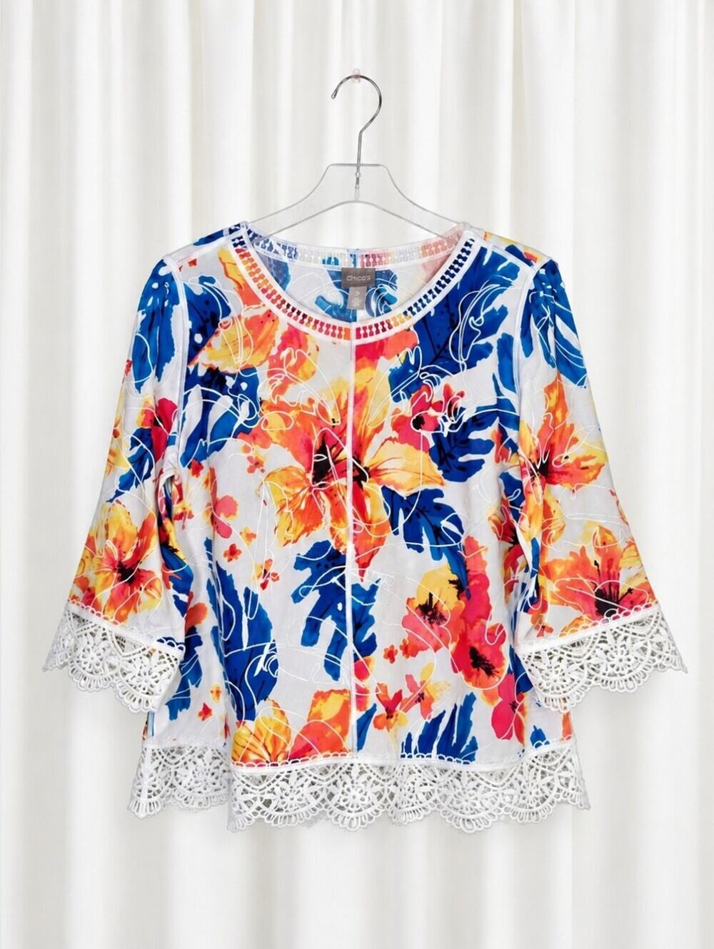 Chico's Feminine Colorful Boho Floral Lace Trim Embroidered Resort Wear Blouse